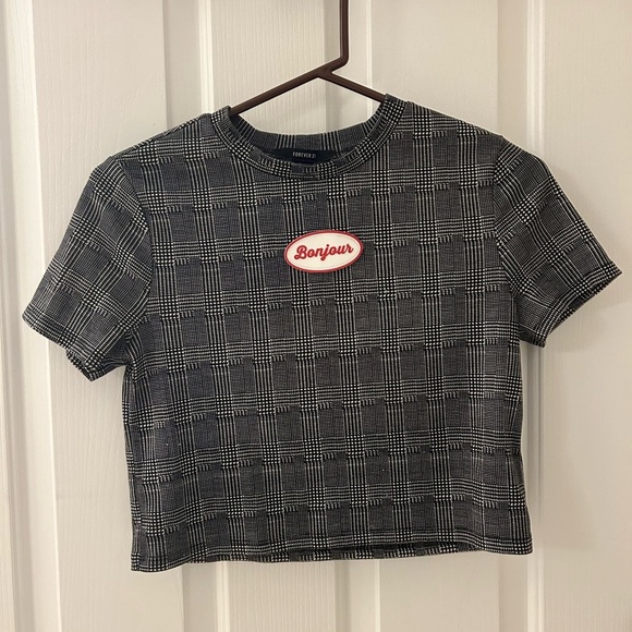 Forever 21 Tops - Forever 21 Bonjour Graphic Houndstooth Plaid Crop Top Size Small